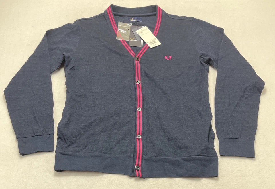 Fred Perry Mens Navy Blue V Neck Button Up Cardigan Side Pockets Size Medium NWT - Image 1 of 4