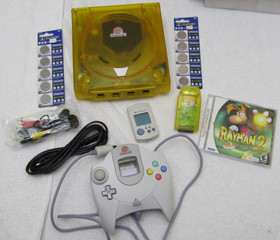 Clear Yellow Sega Dreamcast V1 Console Controller VMU Rayman 2 + Rumble Pak etc.