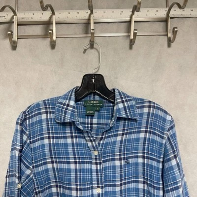 Ralph Lauren Shirt Women S Blue Linen Button Up Tartan Plaid Blouse Top Tunic - Image 1 of 4
