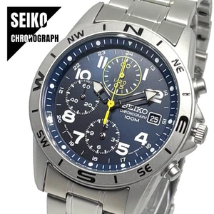 SEIKO Chronograph Japanese Movement SND379P1 Navy Silver Matte Finish Metal Band - Picture 1 of 6