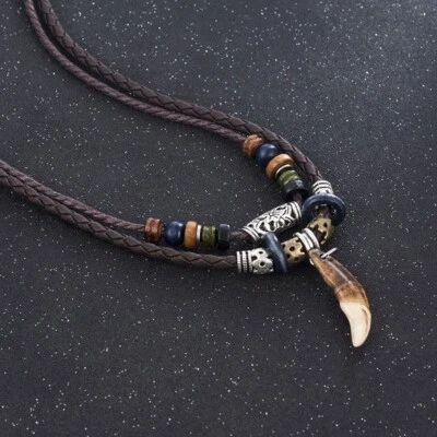 Men's Fashion Jewelry Brown Leather Beaded Weave Rope Tooth Pendant Necklace 420 - Image 1 of 4