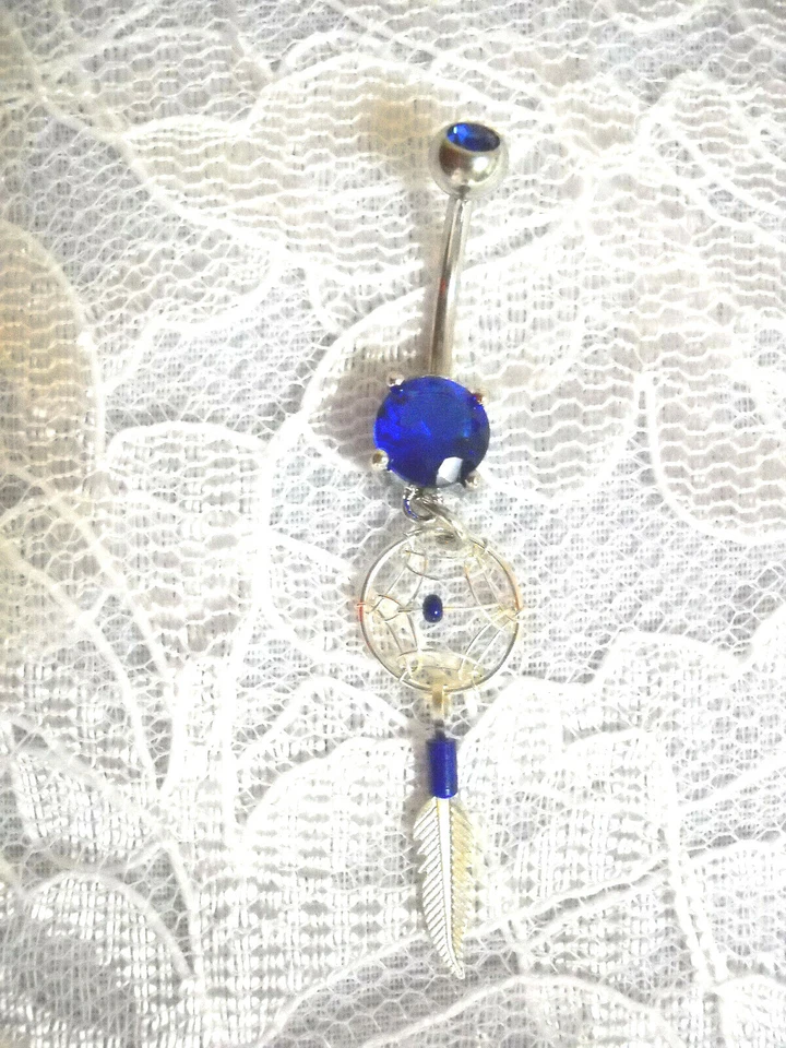 ANILLO VIENTRE PLATA ESTERLINA ATRAPASUEÑOS SODALITA AZUL 1 PLUMA COBALTO 14g CZ Foto 1 de 1