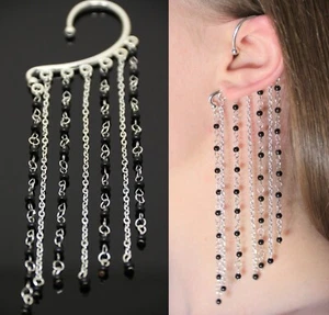 Long Mono Earring Black Gothic Ear Cuff No Piercing Earrings Women Goth Jewelry - Picture 1 of 16