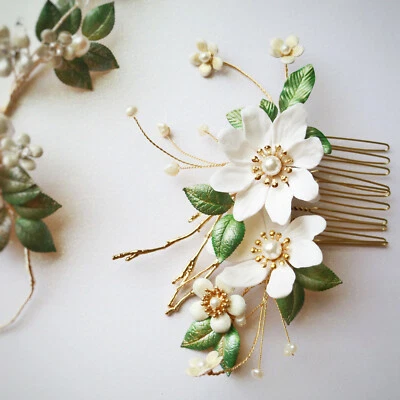White Anemone Floral Hair Comb w. Pearls in Gold | Bridal Headpiece | Handmade - Image 1 of 4