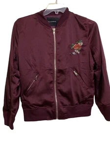Olivaceous Women's Bomber Jacket Size Medium Burgundy Embroidered Floral Zipper - Picture 1 of 9