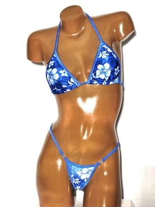 New exotic dancer thong bikini 2 piece set A/B cup Blue hibiscus floral print - Picture 1 of 2