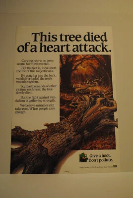 Póster vintage de búho leñoso Este árbol murió de un ataque al corazón 18"x12,5" Foto 1 de 4