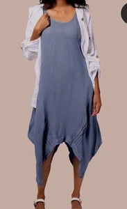 Made in Italy 100% Linen Dress 19/6650M IN BLUE Asymmetric Hem #C - Picture 1 of 7