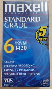 5 cintas VHS NUEVAS soporte Maxell.  Cassette de video grado 6 horas T-120 - todavía en violonchelo - Imagen 1 de 6