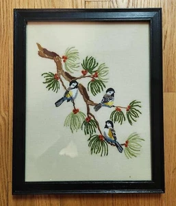 Vintage Framed Crewel Embroidery - Birds, Branch, Tree - 16in x 13in - Picture 1 of 2