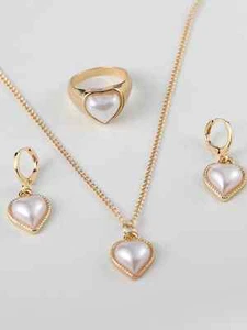 4pcs/Set Faux Pearl Heart Decor Jewelry Set Necklace Earrings and Ring - Picture 1 of 4