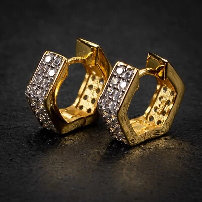 Pendientes de aro Huggie octágono de plata de ley 925 de oro helado de dos tonos para hombre Foto 1 de 4