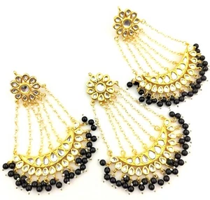 Black Kundan Meena Pearl Gold Plated Earrings Passa Jhoomar Set Indian Jewelry - Picture 1 of 4