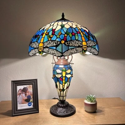 Lámpara de mesa estilo Tiffany azul libélula vitral bombillas LED incluidas H24" Foto 1 de 4