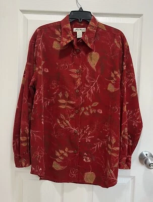 Camisa de pana vintage EDDIE BAUER para mujer talla M estampado de hojas rojas abotonadas Foto 1 de 4