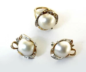 Pendientes y anillo retro vintage de diamantes con perlas Mabe de los años 50 suite de oro de 14 k  - Imagen 1 de 8
