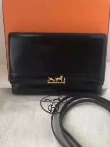 XLT Auth HERMES Black Box Leather 25cm Eugenie Messenger/Shoulder/Clutch GHW - Picture 1 of 23