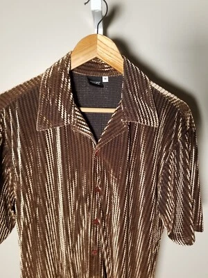 Vintage Brown Zig Zag Brown Velvet Velour SS Muscle Shirt Medium Stretch - Image 1 of 4