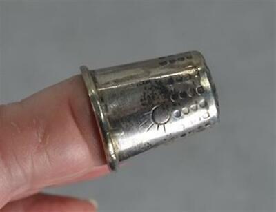Old Sewing Thimble Sterling Silver Craftman Made, Tree, Sun, House  • 24.32$