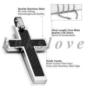 Men's Silver Stainless Steel Black Carbon Fiber Crucifix Cross Pendant Necklace - Picture 1 of 6