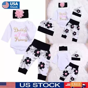 4Pcs Newborn Baby Girl Floral Clothes Outfits Set Romper Top Pants Headband Hat - Picture 1 of 12