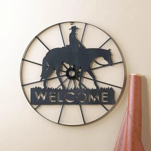 Cowboy Horse Silhouettes Welcome Wheel Sign Iron Black Western Wall Door Accent - Bild 1 von 8