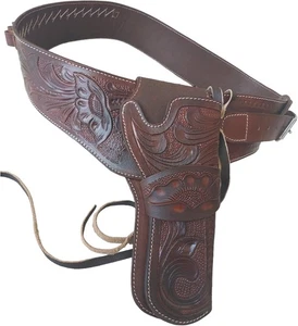 Leather Western Hand Tooled Gun Holster Belt Handmade Western Belt - Picture 1 of 6