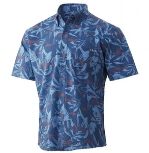 Camisa azul de rendimiento Huk para hombre talla L Kona Ocean Palm manga corta con botones - Imagen 1 de 8