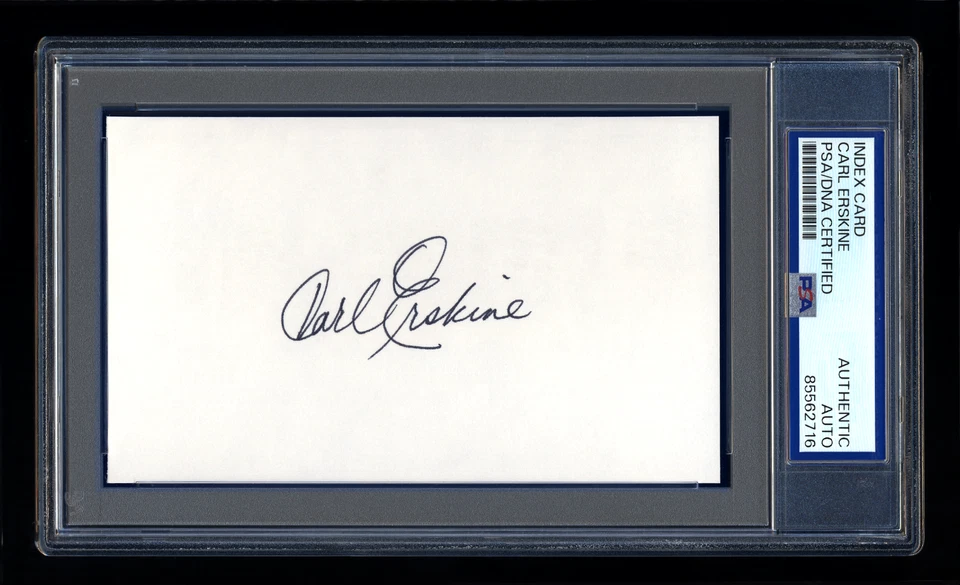 CARL ERSKINE SIGNED INDEX CARD MINT PSA/DNA 1955 BROOKLYN DODGERS WORLD SERIES - Image 1 of 1
