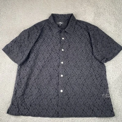 Stussy Floral Lace Shirt Mens 2XL Black Cotton Button Up Short Sleeve NEW - Image 1 of 4