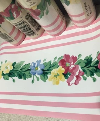 批量 5 件 复古 Waverly 壁纸 边框 粉红色 条纹 花卉 花园 花朵 — 第 1/4 张图片