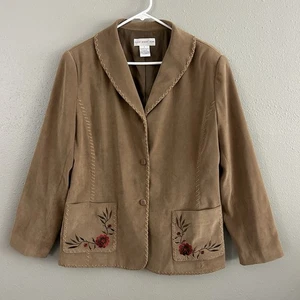 Vintage Susan Graver braun bestickt Blazer Jacke Wildlederimitat Gr. L Blumen Retro - Bild 1 von 11