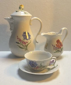 Antique MEISSEN Floral Coffee Pot With Creamer & Cup & Saucer - Picture 1 of 19