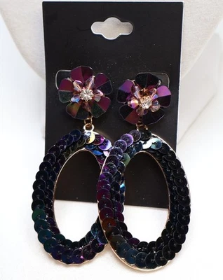 Gold Tone Purple Iridescent Disc Bead Flower Wire Drop Earrings New - Image 1 of 3