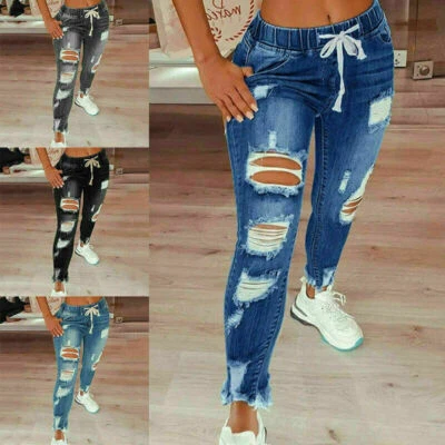 Womens Fashion Ripped Jeans Elastic Waist Trousers Ladies Skinny Fit Denim Pants - Image 1 of 4