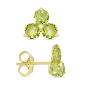 Natural Peridot Gemstone Stud Earrings 3-Stone Real Solid 14k Yellow Gold - Picture 1 of 5