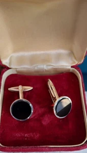 Gemelos de plata esterlina vintage piedra de ónix redonda negra marcados oro sobre plata - Imagen 1 de 9
