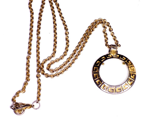 Collana vintage Givenchy tono oro chiave greca lente di ingrandimento pendente lunga 33"