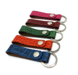 Key Ring on Leather Croc Embossed Strap w Snap Attachment Graphic Image BLUE - Picture 1 of 12