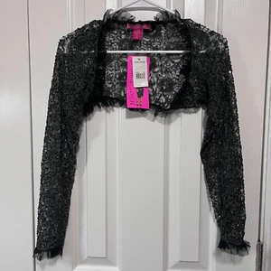 NWT Betsey Johnson Black Cardigan Beaded Tulle Women's XS Long Sleeve Sheer Lace - Picture 1 of 6