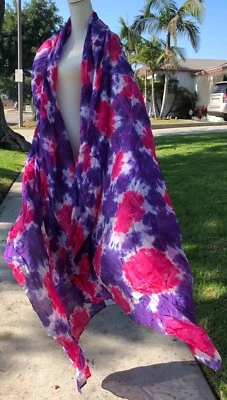 Velo de seda grande increíble para bailar el vientre teñido a mano - púrpura, blanco, rosa + DVD Foto 1 de 4