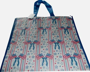 PATRIOTIC Reusable Tote Bag ~ 20" X 18" X 8" AMERICAN FLAGS & BOWS~By Homegoods - Picture 1 of 1