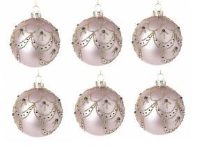 Heaven Sends Pink Pearl Glass Gold Beads Round Bauble Xmas Tree Decoration x6