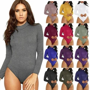 Ladies Women Long Sleeve Polo Roll Neck Turtle Neck Bodysuit Leotard Top (8-14) - Picture 1 of 22