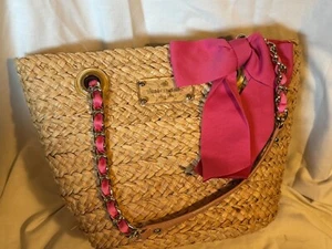 kate spade straw handbag with pink bow and chain with pink ribbon.  never used.  - Picture 1 of 5