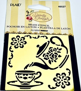 Plaid Sandy Clough Tea Pot and Tea Cup Saucer Brass Stencil 46527 New In Package - Picture 1 of 2