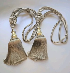 1980s Pair Large Molded Guilded Metal Drapery Gold Tassell Tiebacks • 24"L • EUC - Picture 1 of 10