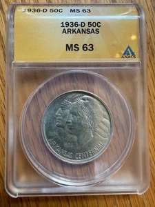 1936 D ARKANSAS COMMEMORATIVE HALF DOLLAR ANACS MS 63 N18 - Picture 1 of 3