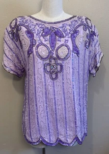 Women’s Vintage 1980’s Sequin Beaded Silk Blend Purple Lilac Blouse Size 16 - Picture 1 of 18