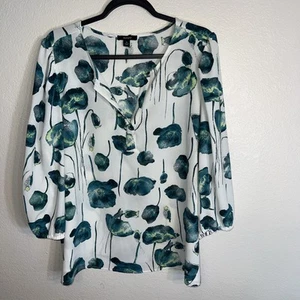 Alfani White With Green Floral Pattern V-neck Blouse - Picture 1 of 15